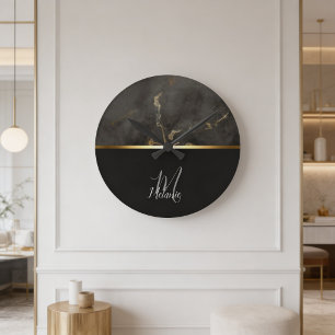 Horloge Ronde Marbre noir monogramme or