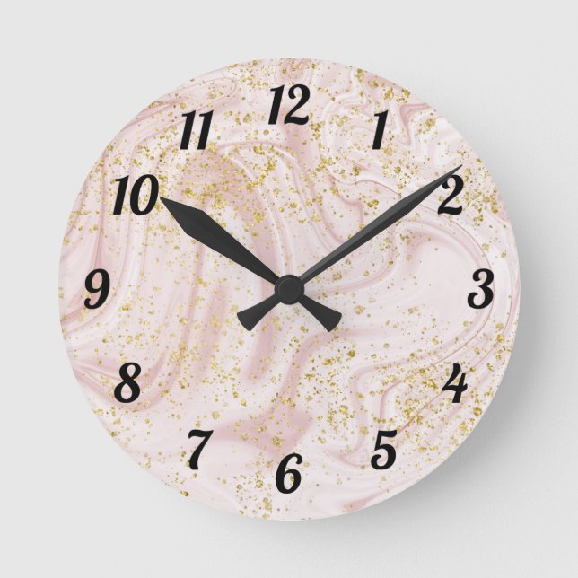 Horloge Ronde Marbre rose et blanc tourbillonnant avec paillette (Recto)