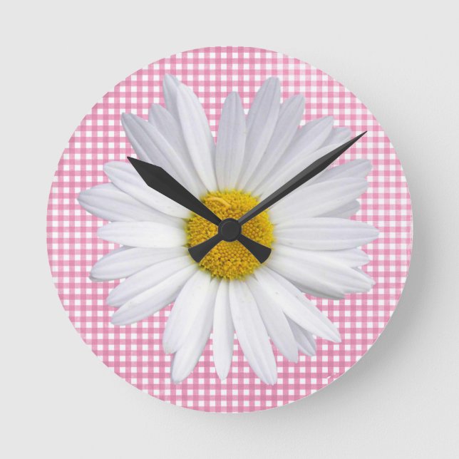 Horloge Ronde marguerite blanche sur en vichy rose (Recto)