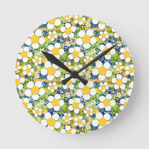 Horloge Ronde Marguerite Méditerranéenne Bleue Jaune et Blanche