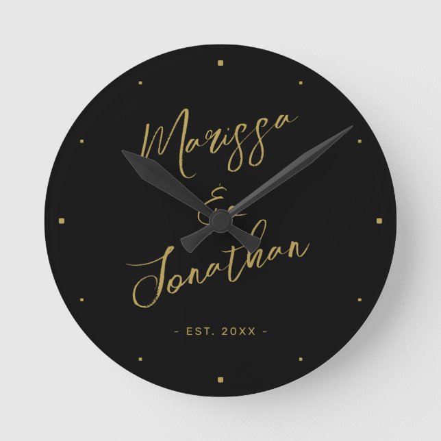 Horloge Ronde Mariage de script lettres d'or noir moderne (Recto)