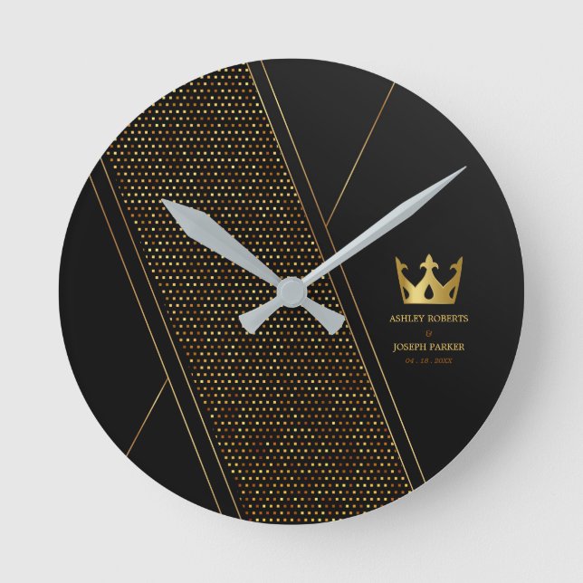 Horloge Ronde Mariage motif géométrique noir doré (Recto)