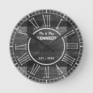 Horloge Ronde Mariage numérique romain en bois noir