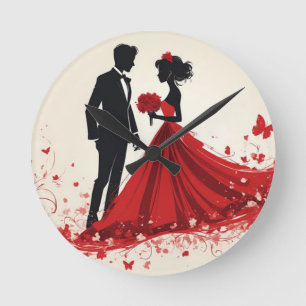 Horloge Ronde Mariage Rouge Romantique Silhouette de la Mariée e