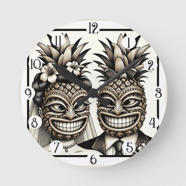 Horloge Ronde Mariée et fille Aloha Pineapple Tiki Mariage princ (Recto)