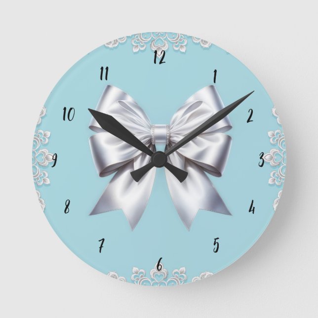 Horloge Ronde Mariée Turquoise Robin's Egg Blue Big White Bow (Recto)