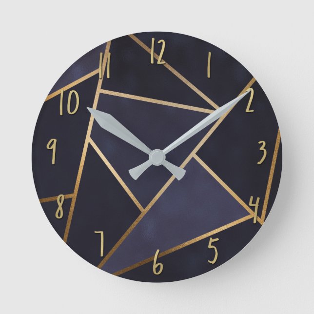 Horloge Ronde Marine Blue Gold Triangles Géométrique Élégant Cla (Recto)