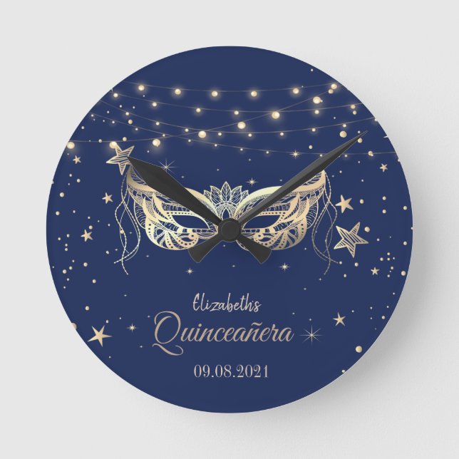 Horloge Ronde Masquerade, Marine Bleu Stars Quinceañera    (Recto)