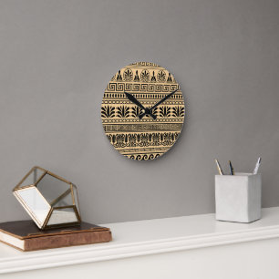 Horloge Ronde Méandre Grec, Motif Méditerranéen, Marron