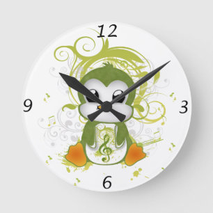 Horloge Ronde Mélange pingouin vert fluffy effet musique note t