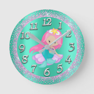Horloge Ronde Mermaid Silver Aqua Crystals Parties scintillant d