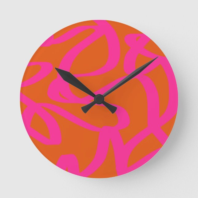 Horloge Ronde Mi-Siècle Abstrait Moderne Lignes Orange Et Rose (Recto)