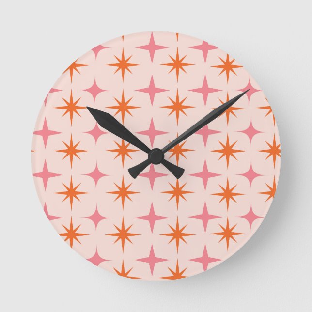 Horloge Ronde Mi-Siècle Rétro Starburs Motif rose orange (Recto)