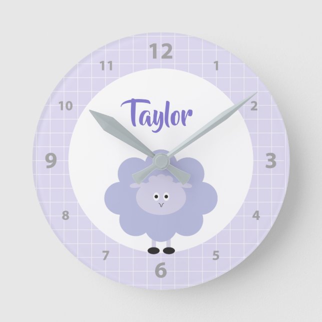Horloge Ronde Mignon Agneau Violet Douce Enfants Crèche Nom Pers (Recto)