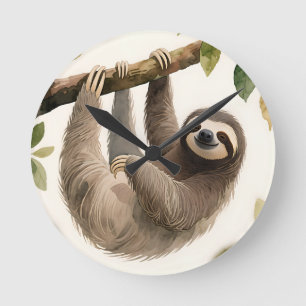 Horloge Ronde Mignon paresseux suspendu aquarelle sourire détend