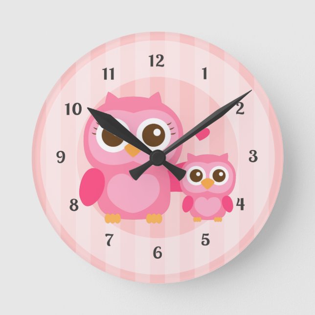Horloge Ronde Mignonne maman et bébé Chouette rose, Chambres pou (Recto)