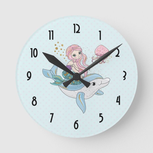 Horloge Ronde Mignonne sirène chevauchant un dauphin sous la mer (Recto)