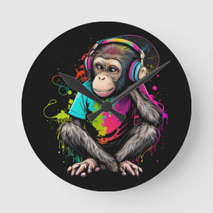 Horloge Ronde Mignons Singe Écouter Musique, Musique Singe Obséd