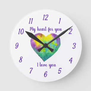 Horloge Ronde Minimaliste Je t'aime coeur d'aquarelle arc-en-cie