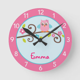Horloge Ronde Mod Girl Owl Personalized Nursery Wall Clock