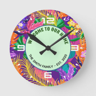Horloge Ronde Modèle de texte personnalisé à motif floral tropic
