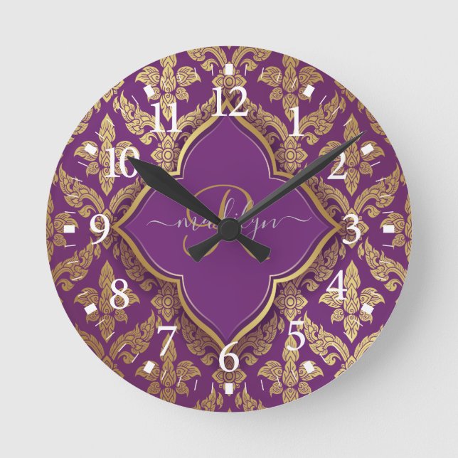 Horloge Ronde Modèle Royal Purple Gold Damask Motif Fleur Monogr (Recto)