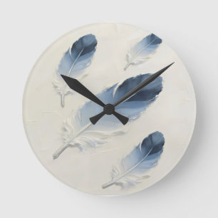 Horloge Ronde Moderne Acrylique Impasto 3D Plume Bleue Minimalis