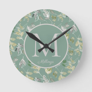 Horloge Ronde Moderne Elégant Sage Vert Argent Feuille Monogramm