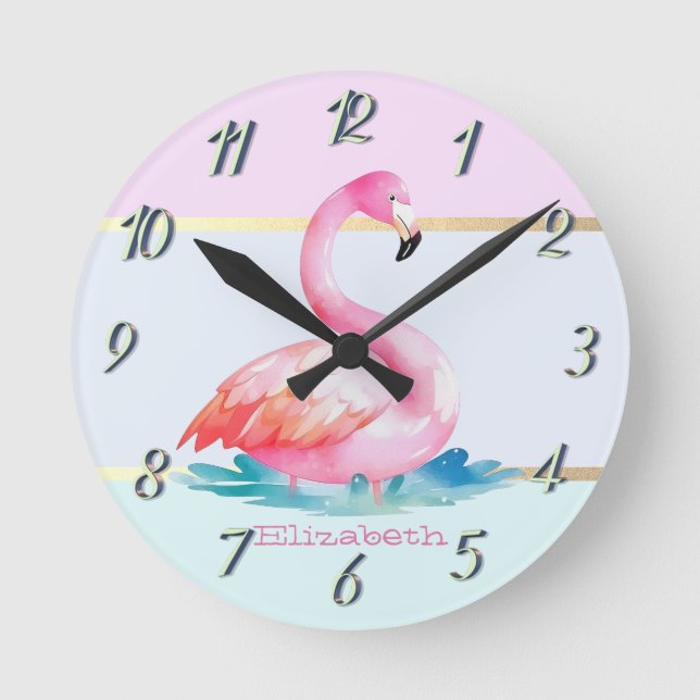 Horloge Ronde Moderne Pastel rayé, Flamants roses roses (Recto)