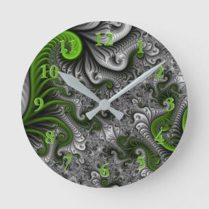 Horloge Ronde Monde Fantastique Art Fractal Abstrait Vert Et Gri