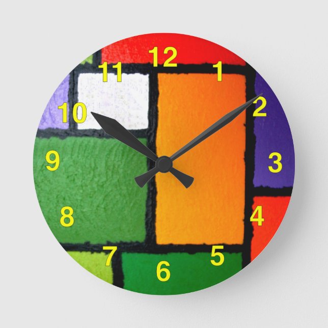 Horloge Ronde Mondrian Style Orange Green Blue Fuzzy Abstract (Recto)