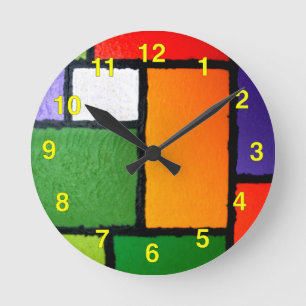 Horloge Ronde Mondrian Style Orange Green Blue Fuzzy Abstract