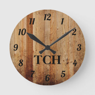 Horloge Ronde Monogramme Bois rustique Pays Brown Noir