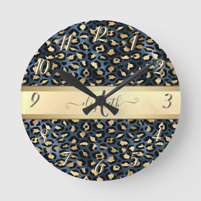 Horloge Ronde Monogramme de bronze noir Motif léopard (Recto)
