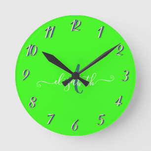 Horloge Ronde Monogramme de néon fluorescent vert