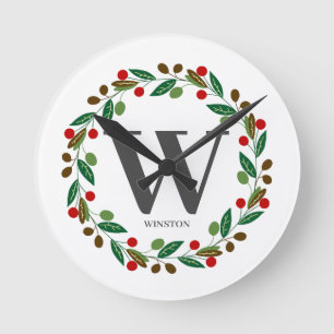 Horloge Ronde Monogramme de Noël d'hiver rustique Première couro