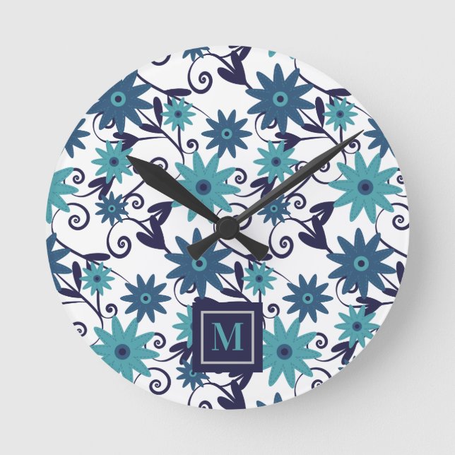 Horloge Ronde Monogramme des fleurs turquoises bleues  (Recto)