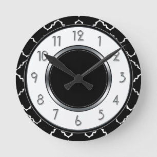 Horloge Ronde Monogramme élégant de Quatrefoil - blanc noir