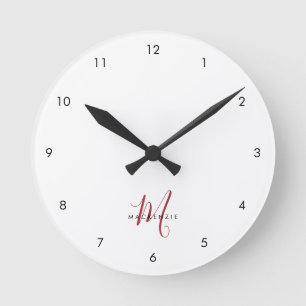 Horloge Ronde Monogramme élégant moderne blanc rouge script