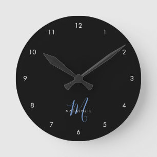 Horloge Ronde Monogramme élégant moderne noir bleu script