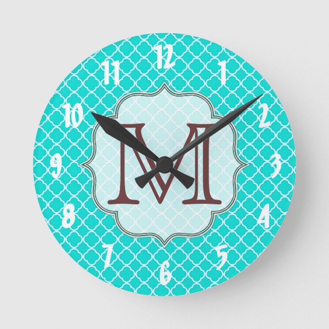 Horloge Ronde Monogramme en latti turquoise quart de feuille Hor (Recto)