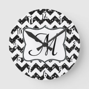 Horloge Ronde Monogramme moderne noir Chevron Monogramme initial