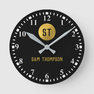 Horloge Ronde Monogramme moderne noir & or élégant personnalisé