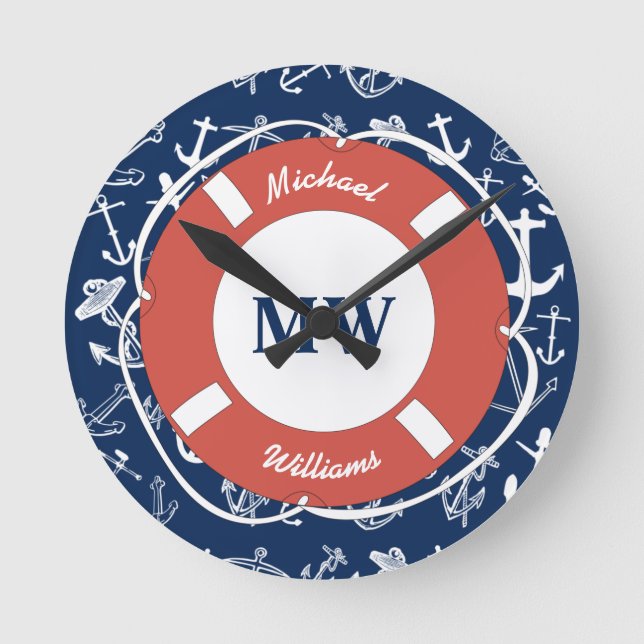 Horloge Ronde Monogramme nautique Ancre bleu marine Motif (Recto)