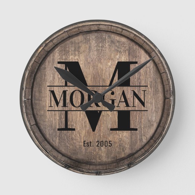 Horloge Ronde Monogramme Nom de famille initial Rustic Faux Bois (Recto)