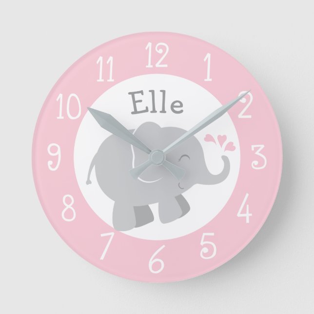 Horloge Ronde Monogramme personnalisé d'éléphant rose et gris mo (Recto)