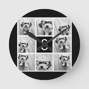 Horloge Ronde Monogramme personnalisé du collage photo noir et 
