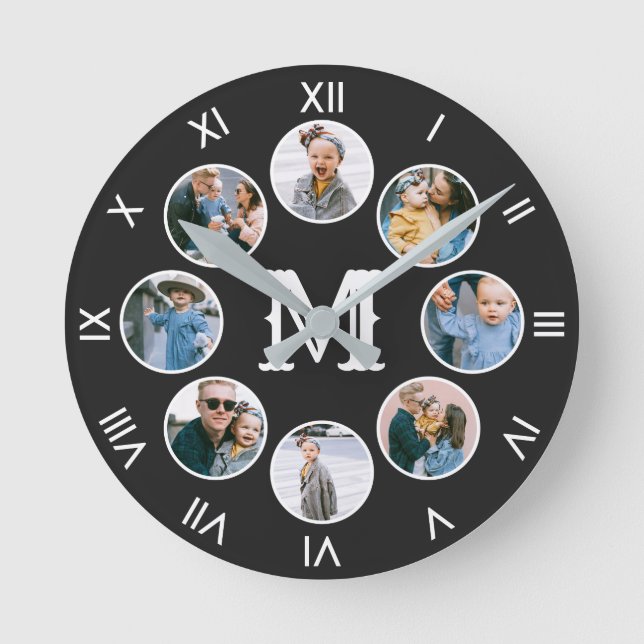 Horloge Ronde Monogramme Photo Collage Numéros romains (Recto)