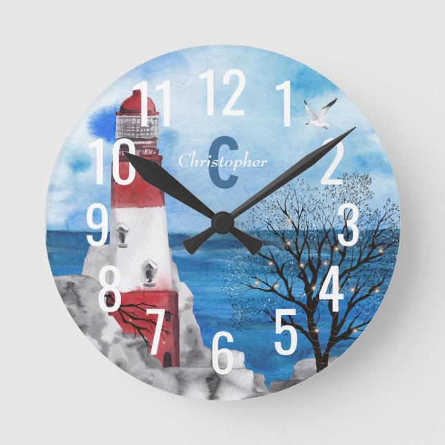 Horloge Ronde Monogramme Rouge et Bleu Phare Aquarelle Art (Recto)
