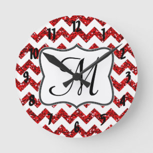 Horloge Ronde Monogramme rouge moderne Chevron Première mèche